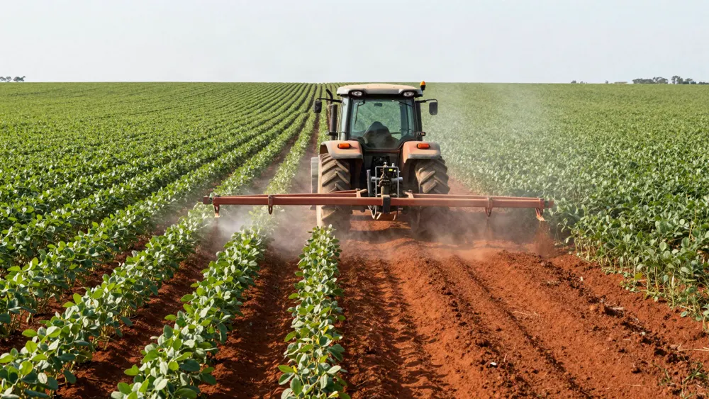 Trator aplicando calcário em lavoura de soja