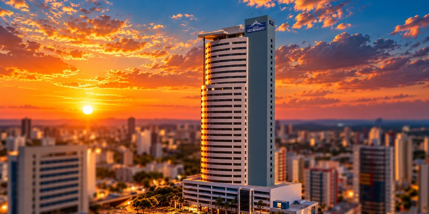 Edifício SB Tower em Cuiabá, sede do Grupo Sollo, ao pôr do sol